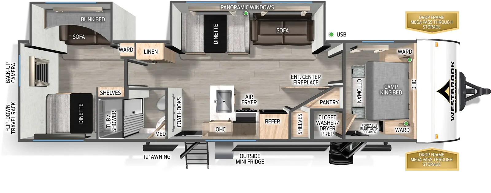 The Westbrook Luxury 305DBLC floorplan has two entries and two slide outs. Exterior features include: fiberglass exterior and 19' awning. Interiors features include: bunk beds and front bedroom.